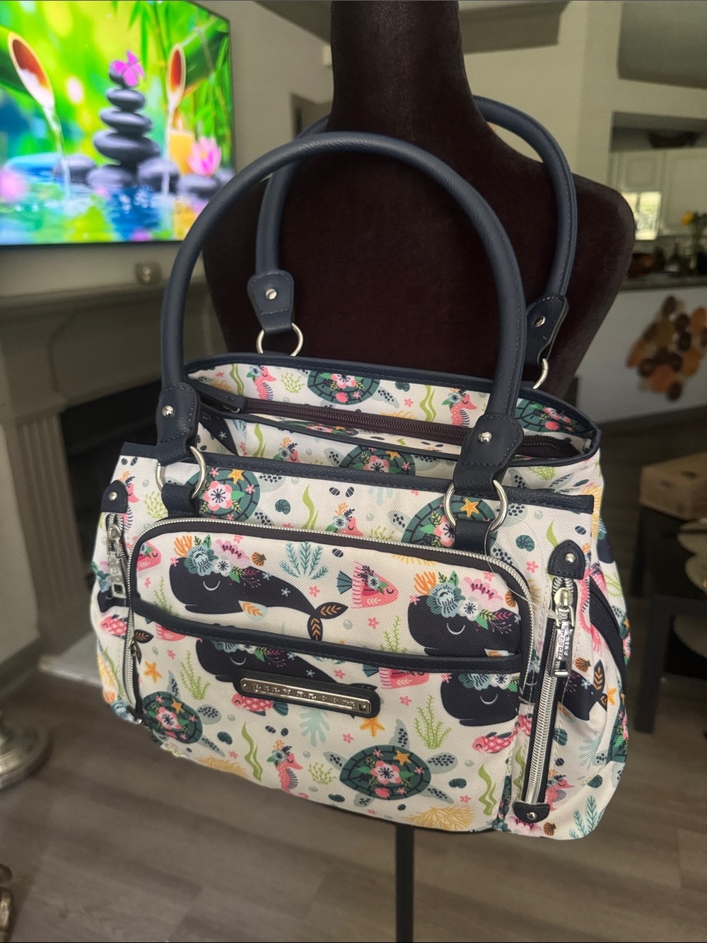 ☀️Lily Bloom Maggie Satchel Ocean Turtles Multi Section Canvas Roomy☀️BRAND NEW